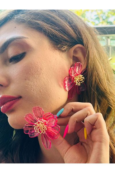 Gönülden Tasarım Flowered Mica Women's Earrings 7 cm Pink
