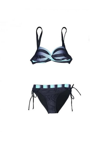 Blue Ocean Black swimsuit with stripes, double push-up bra and adjustable straps, classic brief