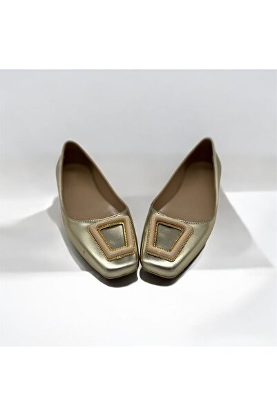 Rexba Women's Daily Gold Front Buckle Detail Office Business Trip Stylish Ballet Flat