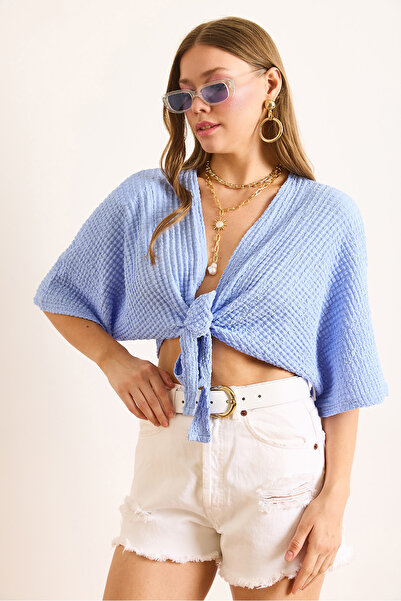 Olalook Bluză kimono albastră pentru femei BLZ-19003068