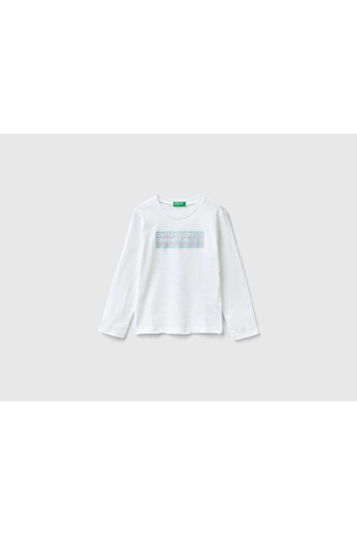 United Colors of Benetton تي شيرت بناتي بأكمام طويلة وطبعة لامعة