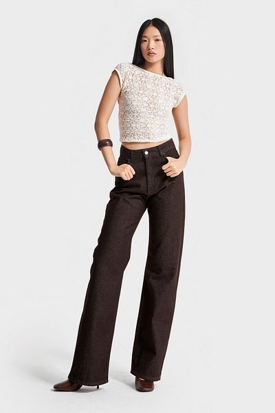its basic Women's Bitter Brown Color 7W5-16 Straight Fit High Waist Special Shiny Fabric 100% Cotton Denim Jean