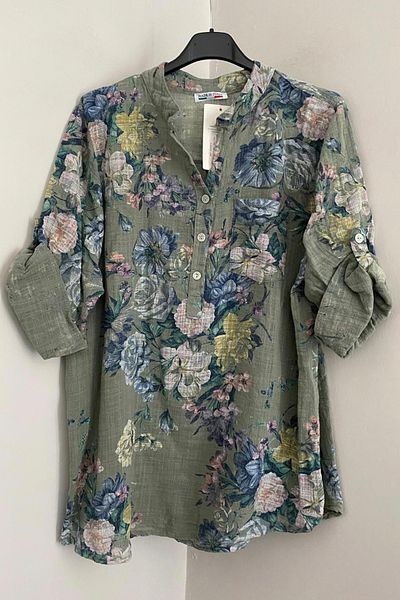AYASOFYA OTANTIK Women's Italian Khaki Floral Patterned Button Detailed Folding Orphan Sleeve 100% Cotton Blouse Tunic