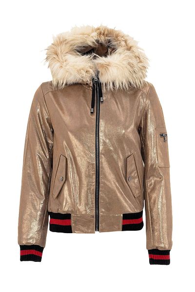 iKiGAi the city Gold Tracy Damen-Mantel aus echtem Leder mit gerippten Ärmeln, Taille und Fell an der Kapuze