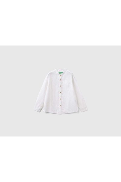 United Colors of Benetton Children's Linen Blend Shirt with Pockets, Collar, and Roll-Up Sleeves