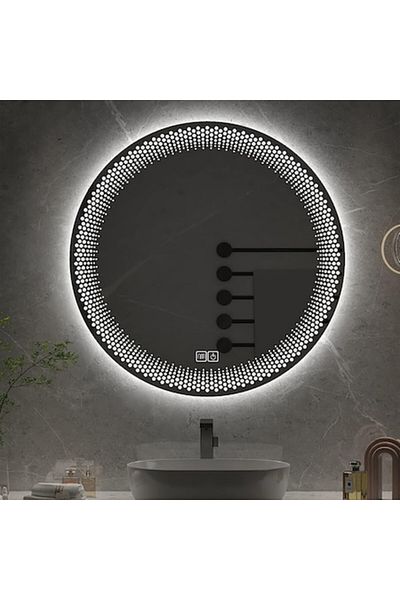 K Korman Oglindă de baie rotundă cu LED, 60 cm, sistem tactil anti-aburire, reglabilă intensitatea luminii