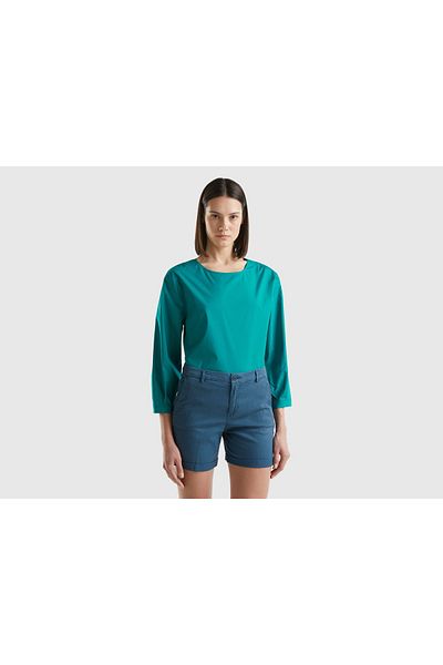 United Colors of Benetton Women's Solid Wide Neck Stretch Cotton Blouse