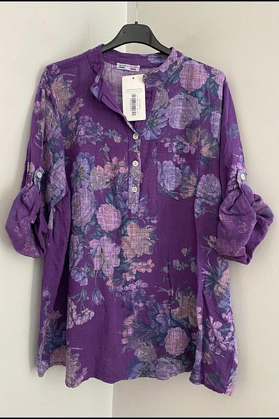 AYASOFYA OTANTIK Women's Italian Purple Floral Patterned Button Detailed Folding Orphan Sleeve 100% Cotton Blouse Tunic