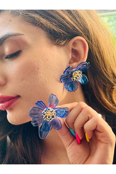 Gönülden Tasarım Flowered Mica Women's Earrings 7 cm Blue