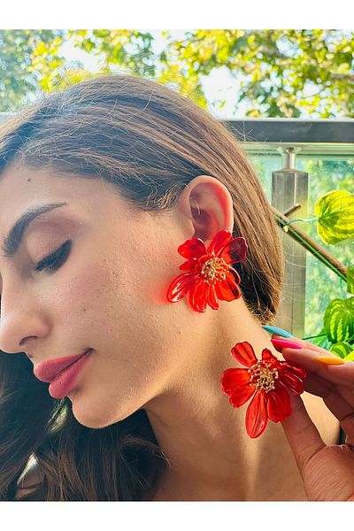 Gönülden Tasarım Flowered Mica Women's Earrings 7 cm Red