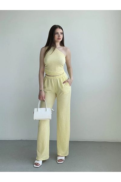 hazelin Women's Yellow Elastic Waist Seersucker Fabric Trousers Hzl24S-Zk13261