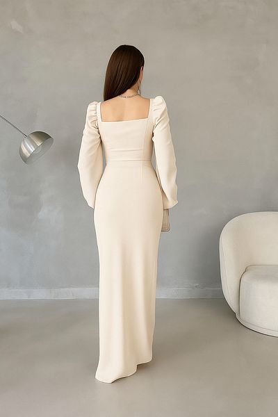 Deafox Μπεζ Princess Sleeve Slit Detail Sweetheart γιακά Εισαγόμενο κρεπ ύφασμα μακρυμάνικο φόρεμα