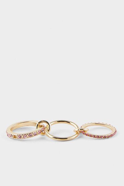DeFacto Women's 3-Piece Pink Stone Joinable Gold Ring F6229Axns
