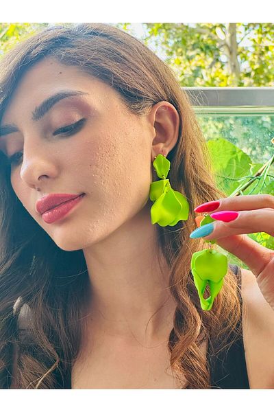 Gönülden Tasarım Leaf Design Women's Earrings 7 cm Green