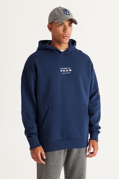 AC&Co / Altınyıldız Classics Men's Navy Blue Oversize Fit Loose Cut Hooded 3 Thread Cotton Sweatshirt
