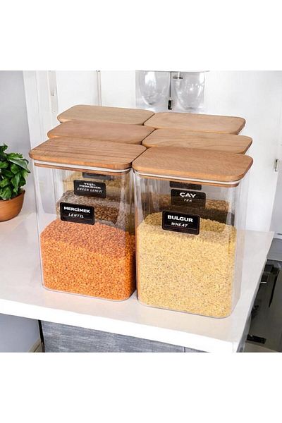 emdeco 6-Piece Wooden Vacuum Lid Acrylic Food Storage Jar / Container and Box 3 Lt with Label Gift