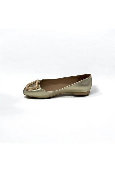 Rexba Women's Daily Gold Front Buckle Detail Office Business Trip Stylish Ballet Flat