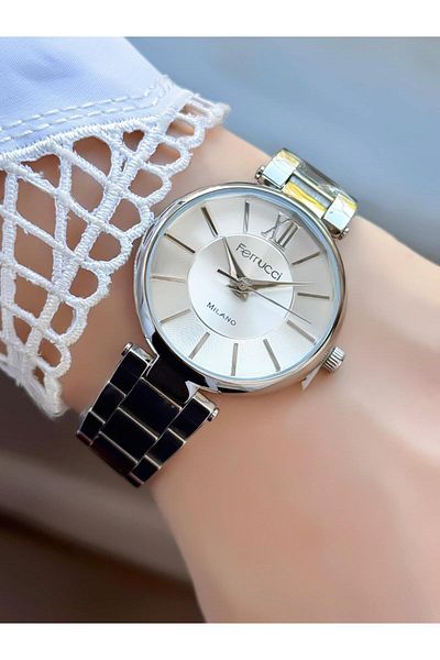Ferrucci Milano Women's Wristwatch – Roman Numeral Detail, Silver Color Metal Band