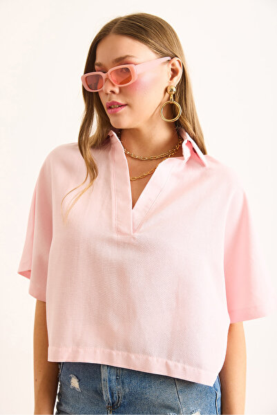 Olalook Women's Pink Polo Collar Casual Linen Blouse Blz-19003061