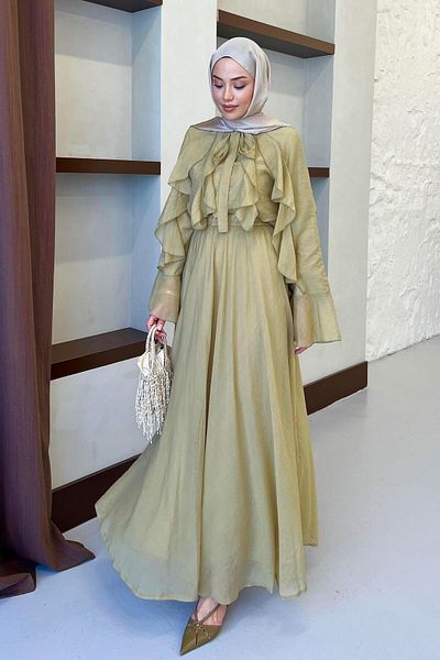 BİNAAR Spanish Sleeve Ruffle Skirt Suit Linden Green