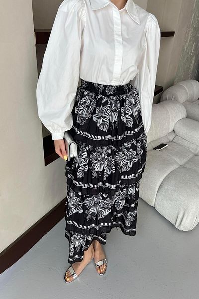 BİNAAR Patterned Layered Voile Skirt Black