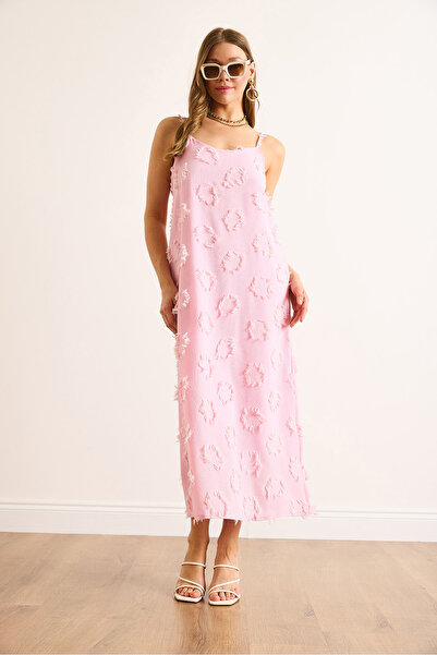 Olalook Women's Pink Strap Adjustable Textured Midi Dress Elb-19002495