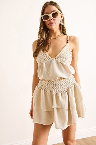 Olalook Women's Stone Lace Detailed Zippered Shorts Linen Skirt Etk-19000340