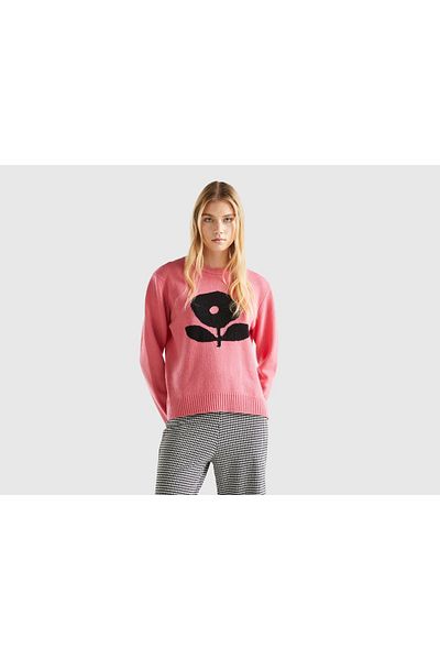 United Colors of Benetton Women's Wool Sweater with Floral Print on Chest, Long Sleeves