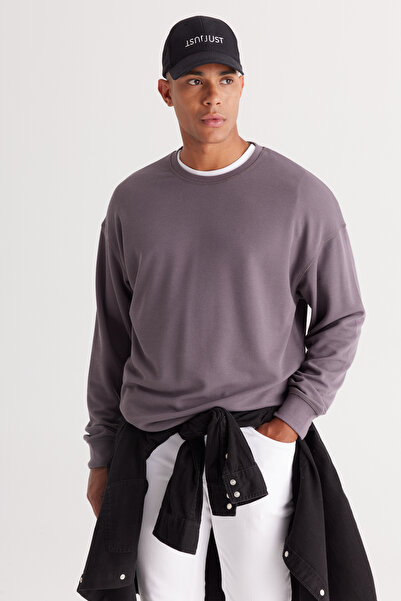 AC&Co / Altınyıldız Classics Erkek Koyu Gri Loose Fit Içi Polarlı 3 Iplik Bisiklet Yaka Jakarlı Sweatshirt