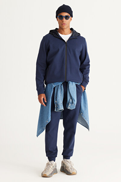 AC&Co / Altınyıldız Classics Marineblaues Herren-Sweatshirt mit Standard-Passform und normalem Schnitt und Kapuze und Reißverschluss