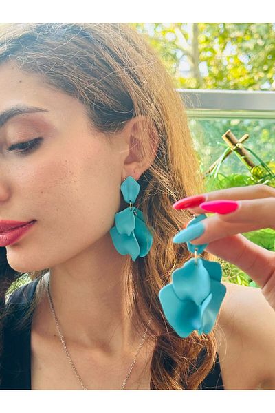 Gönülden Tasarım Leaf Design Women's Earrings 7 cm Blue