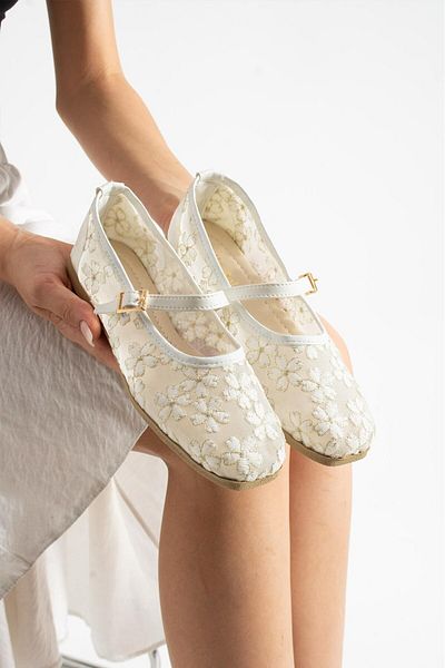 AlbiShoes Women's Ballerina Flats Mesh Flower Embroidered Lightweight Comfortable Sole Stylish Ballerina Shoes Daily Women's Ballerinas