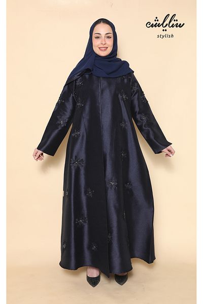 Stylish Navy blue wrap abaya with embroidered detailing on the front