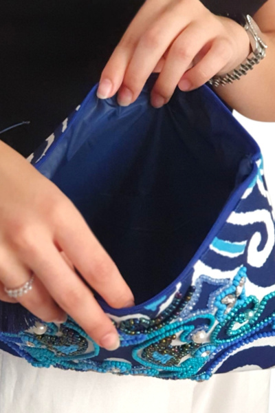 Uretti - Sümeyya 2589 5245 Ручної роботи синя сумочка-клатч з етнічним візерунком та бісерною вишивкою