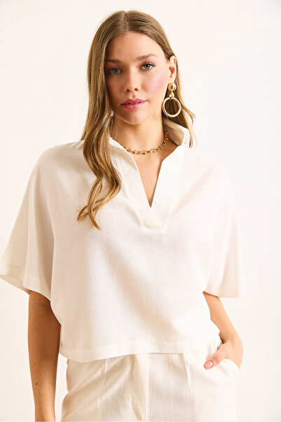 Olalook Women's White Polo Collar Casual Linen Blouse Blz-19003061