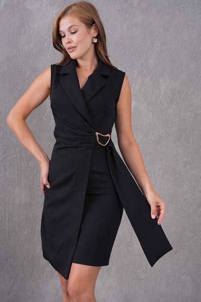 bayansepeti Black Crepe Fabric Double Breasted Neckline Sleeveless Mini Jacket Dress with Sash and Accessory Design 77138