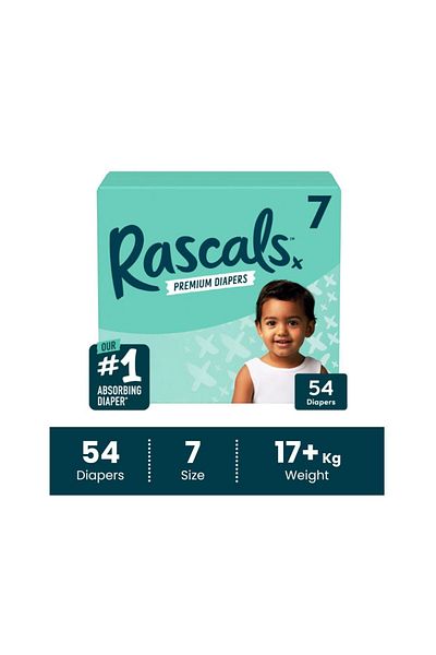 Rascals Premium Baby Diapers Jumbo Box - Size 7, 17+ kg, 54 Count