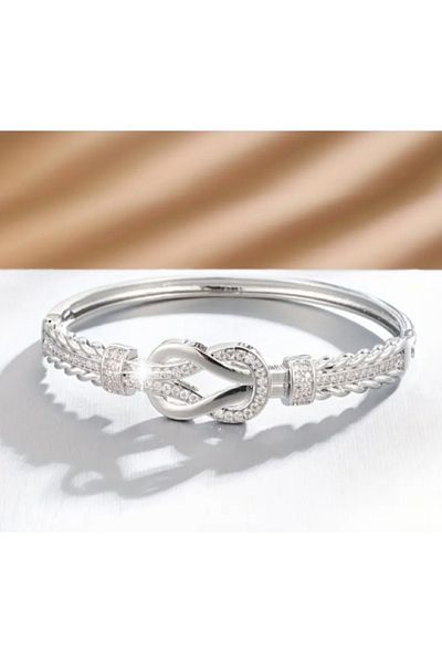 SE Jewellery Collection Selin Ersoy Women's Silver Color Stone Detailed Braided Form Bracelet – 5.5 cm Elegant Design