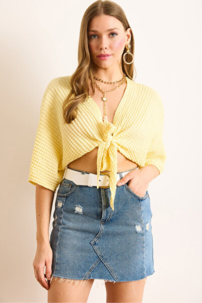 Olalook Women's Yellow Wrinkled Kimono Blouse Blz-19003068