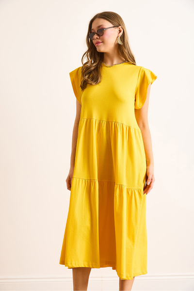Olalook Women's Mustard Sleeve Ruffle Fragment Midi Cotton Dress Elb-19002445