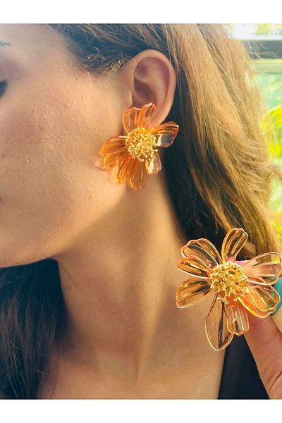 Gönülden Tasarım Flowered Mica Women's Earrings 7 cm Orange