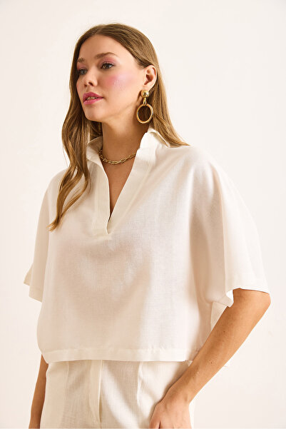 Olalook Women's White Polo Collar Casual Linen Blouse Blz-19003061