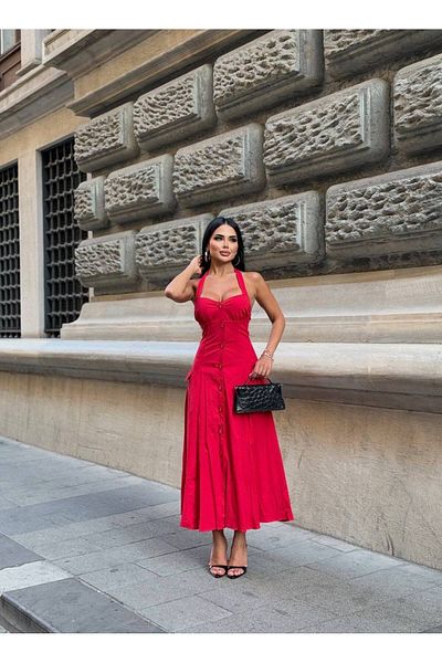 Stil Sepeti Women's Red Halter Neck Lined Pocket Detailed Buttoned Long Poplin Dress Ely-10001731