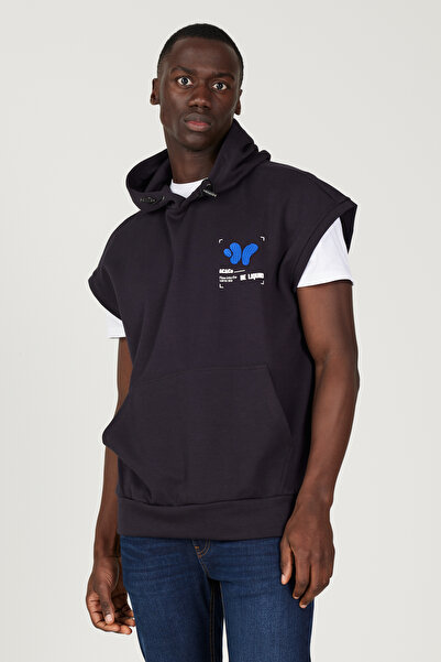 AC&Co / Altınyıldız Classics Чоловічий темно-синій бавовняний світшот вільного крою з капюшоном і коротким рукавом