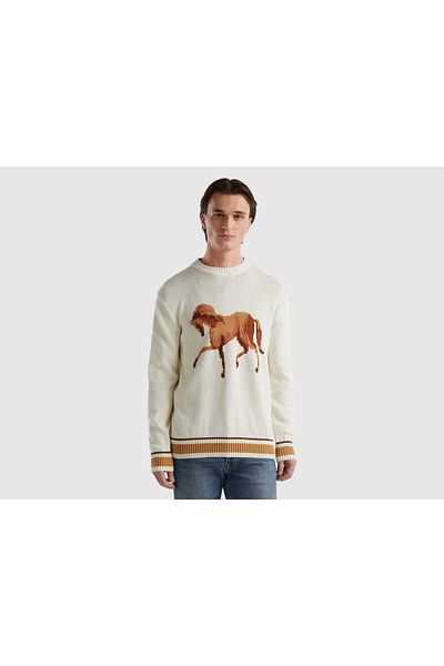 United Colors of Benetton Women's Long Sleeve Horse Print Sweater