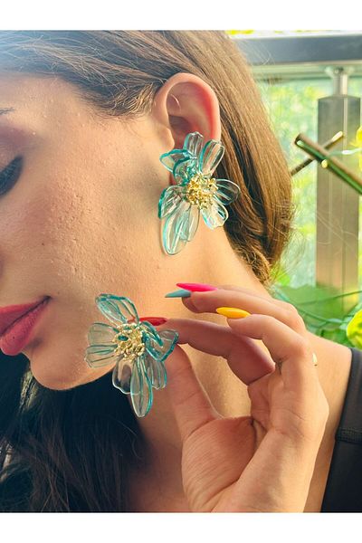 Gönülden Tasarım Flowered Mica Women's Earrings 7 cm Green