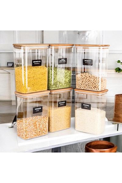 emdeco 6-Piece Wooden Vacuum Lid Acrylic Food Storage Jar / Container and Box 3 Lt with Label Gift