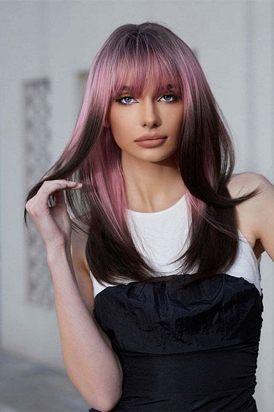 WildFashion Brunette wig with pink PER145-100