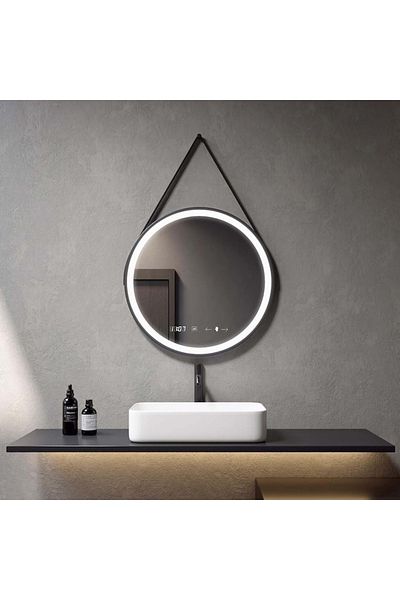 Marcello Funghi LED Bathroom Mirror Round 60x60 cm with Sensor, Anti-fog System, Clock, Temperature, Black Frame