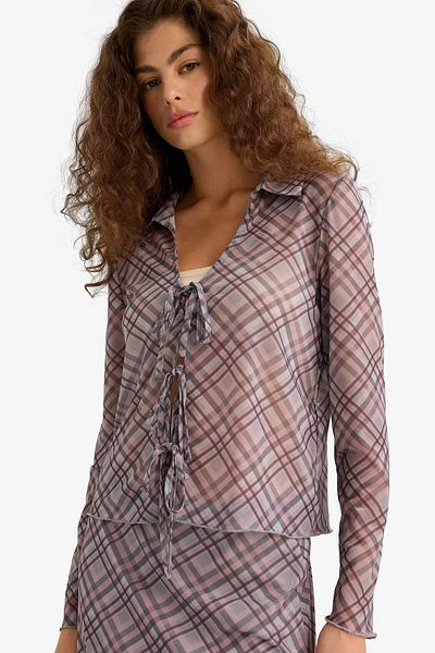 DeFacto Fitted Shirt Collar Checked Front Tie-Up Tulle Long Sleeve Blouse F7703Ax25Au